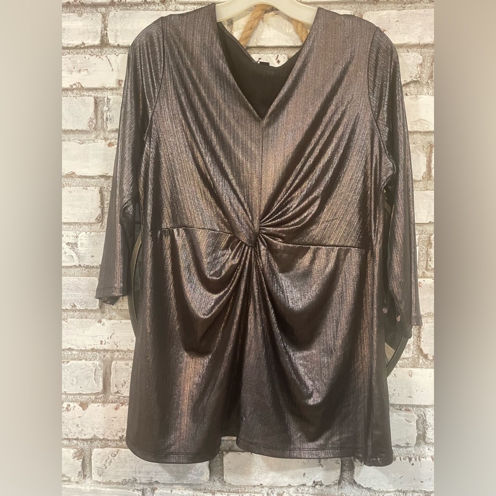Alfani, 1x, metallic, v neck blouse made with rayon and polyester